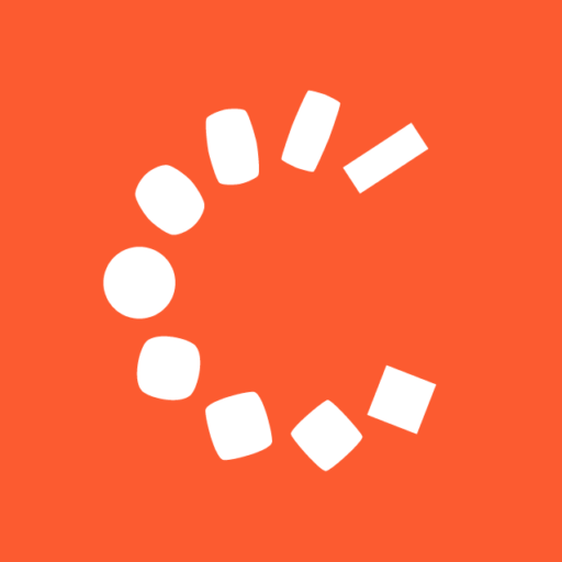 Curating for change logo. An orange square with white objects in the shape of C.