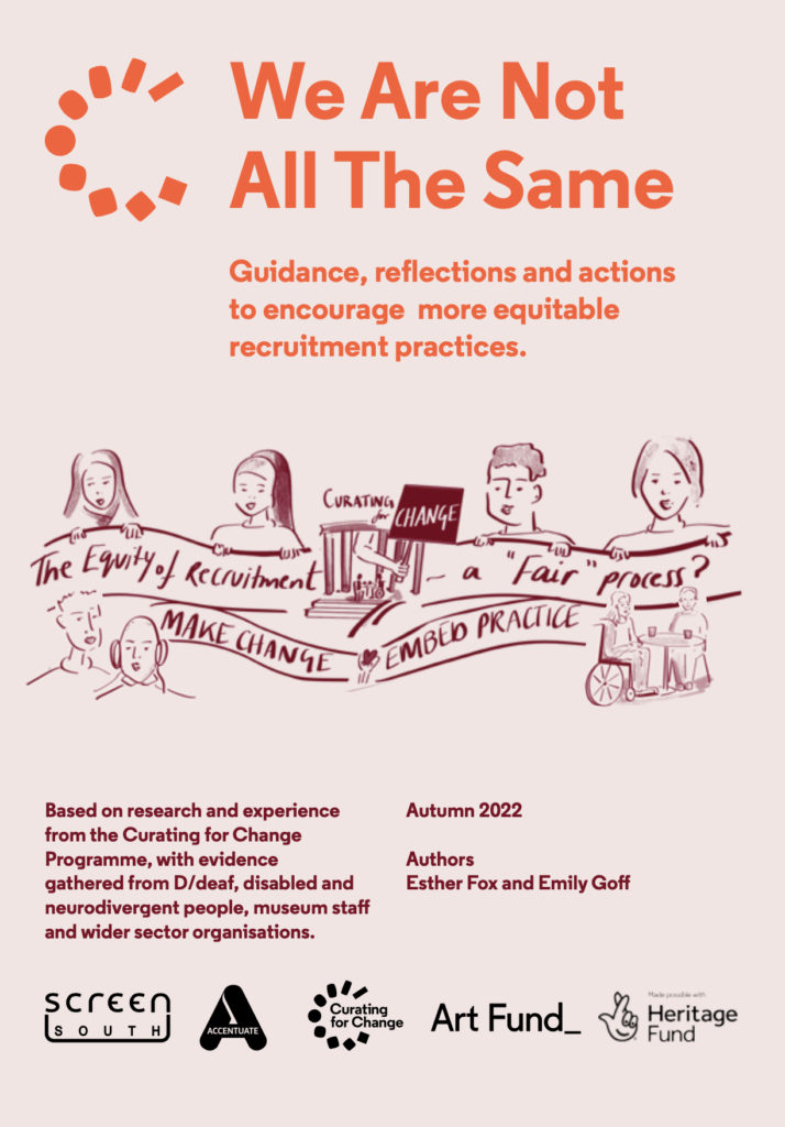 image shows cover of report 'we are not all the same' with people holding a banner saying 'the equity of recruitment a fair practice?'