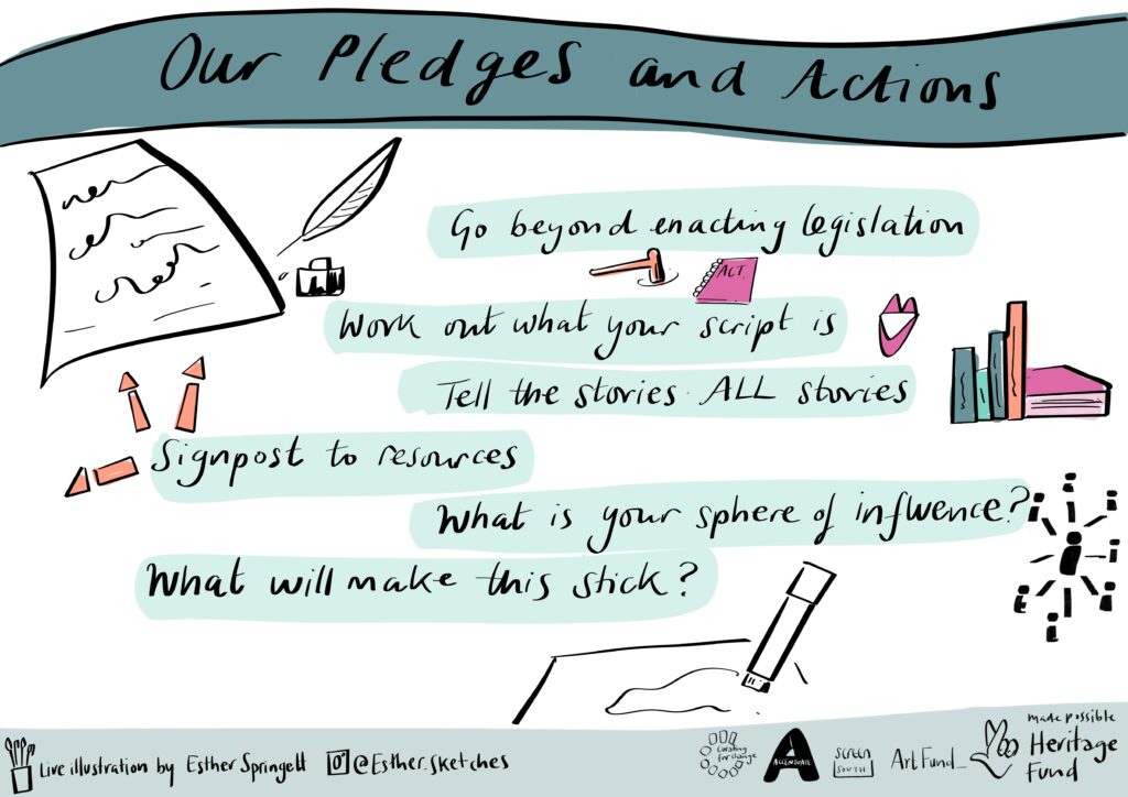 Visual minutes of pledges and actions from the event, including 'go beyond enacting legislation' and 'tell the stories ALL stories'.