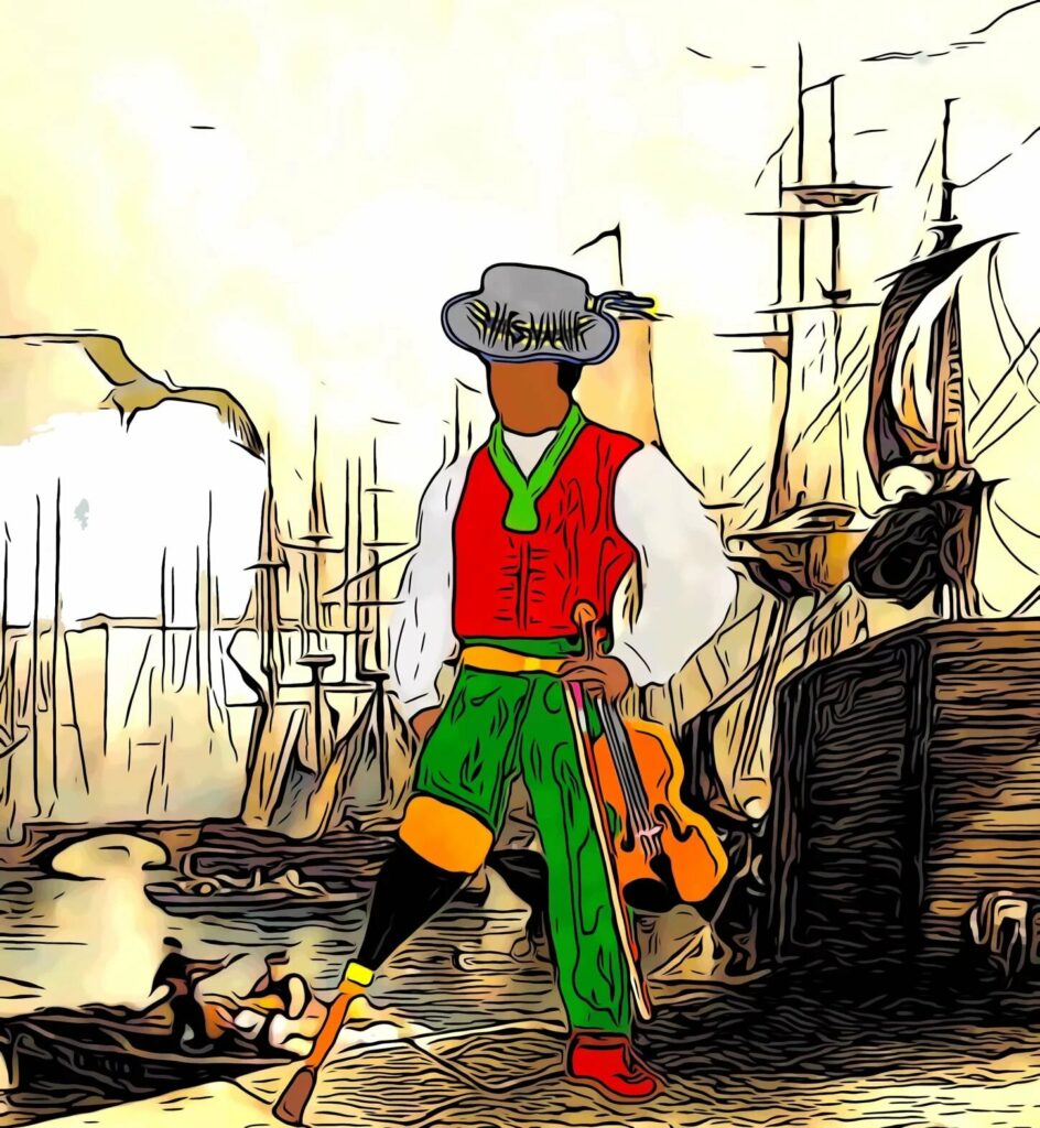 Illustration of Billy Waters on the docks by some boats.