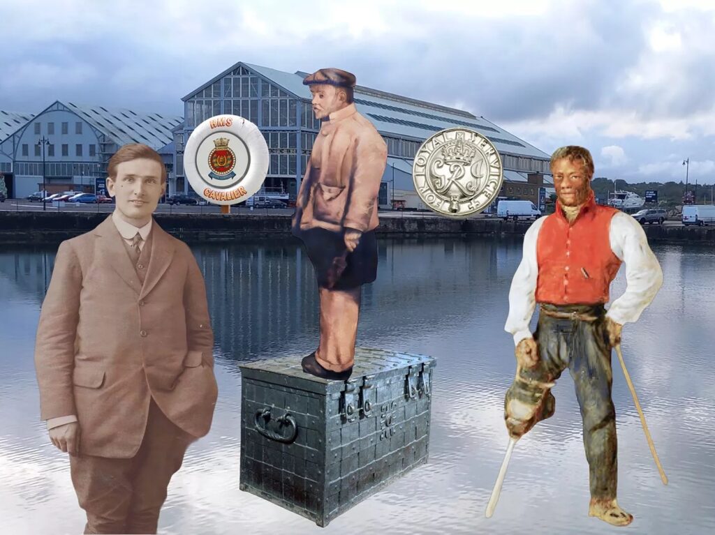 Exhibition poster for On Shoulders of Giants. An image of the Dockyard with multiple notable figures photoshopped on the top layer. 