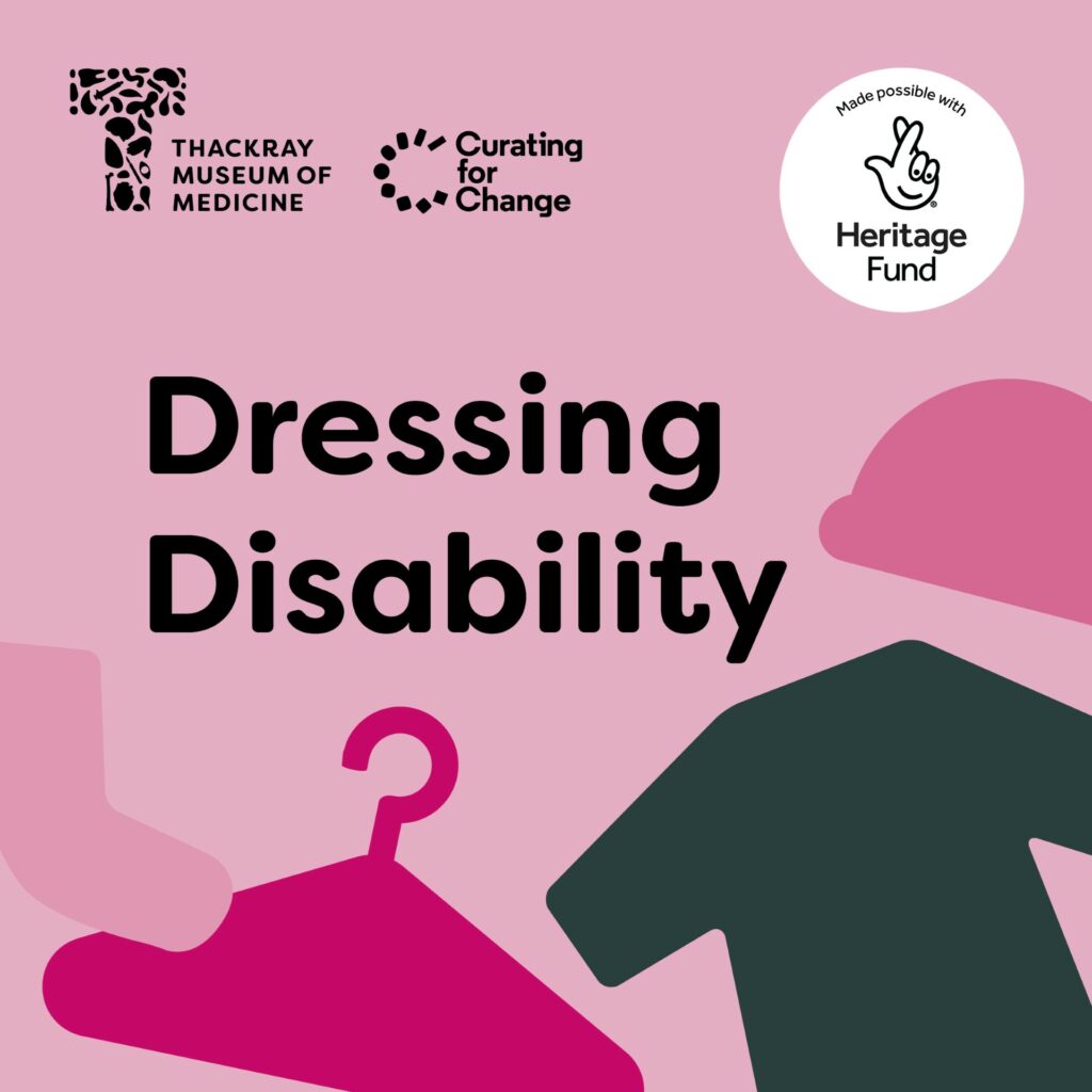 Dressing Disability poster. Pink background with block coloured clothes graphics.